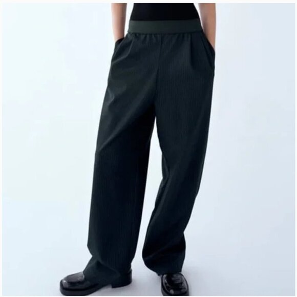 Zara Black Pinstripe High Rise Elastic Waist Wide Leg Palazzo Pants / Trousers M - Picture 14 of 15